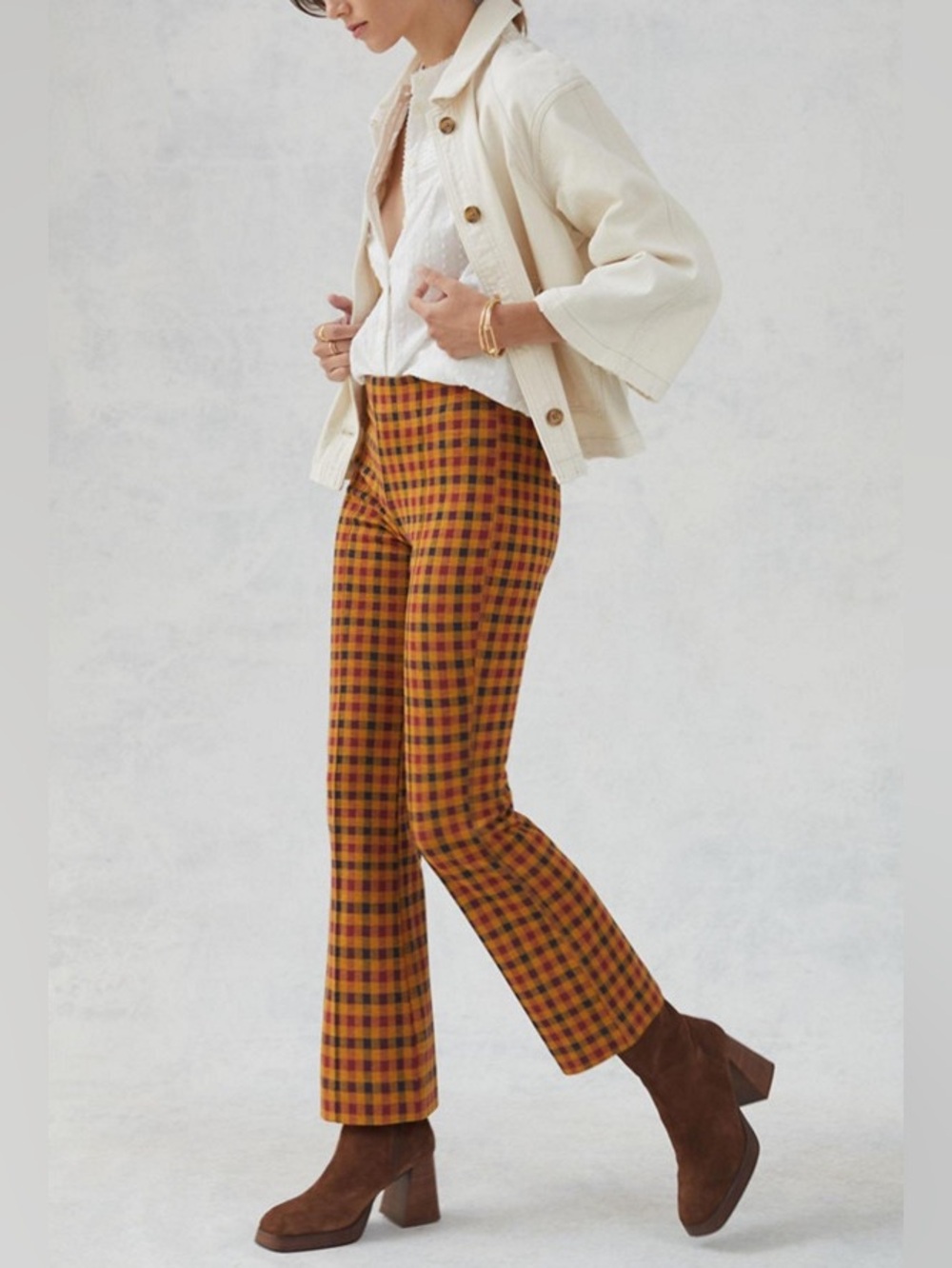 Maeve by Anthropologie Knit Kick Flare medium gingham plaid yellow orange